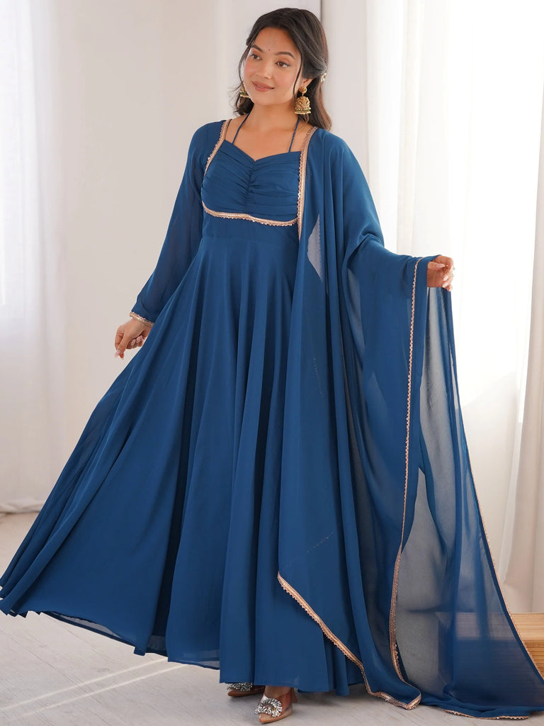 Glamorous Blue Georgette Function Wear Gown With Dupatta