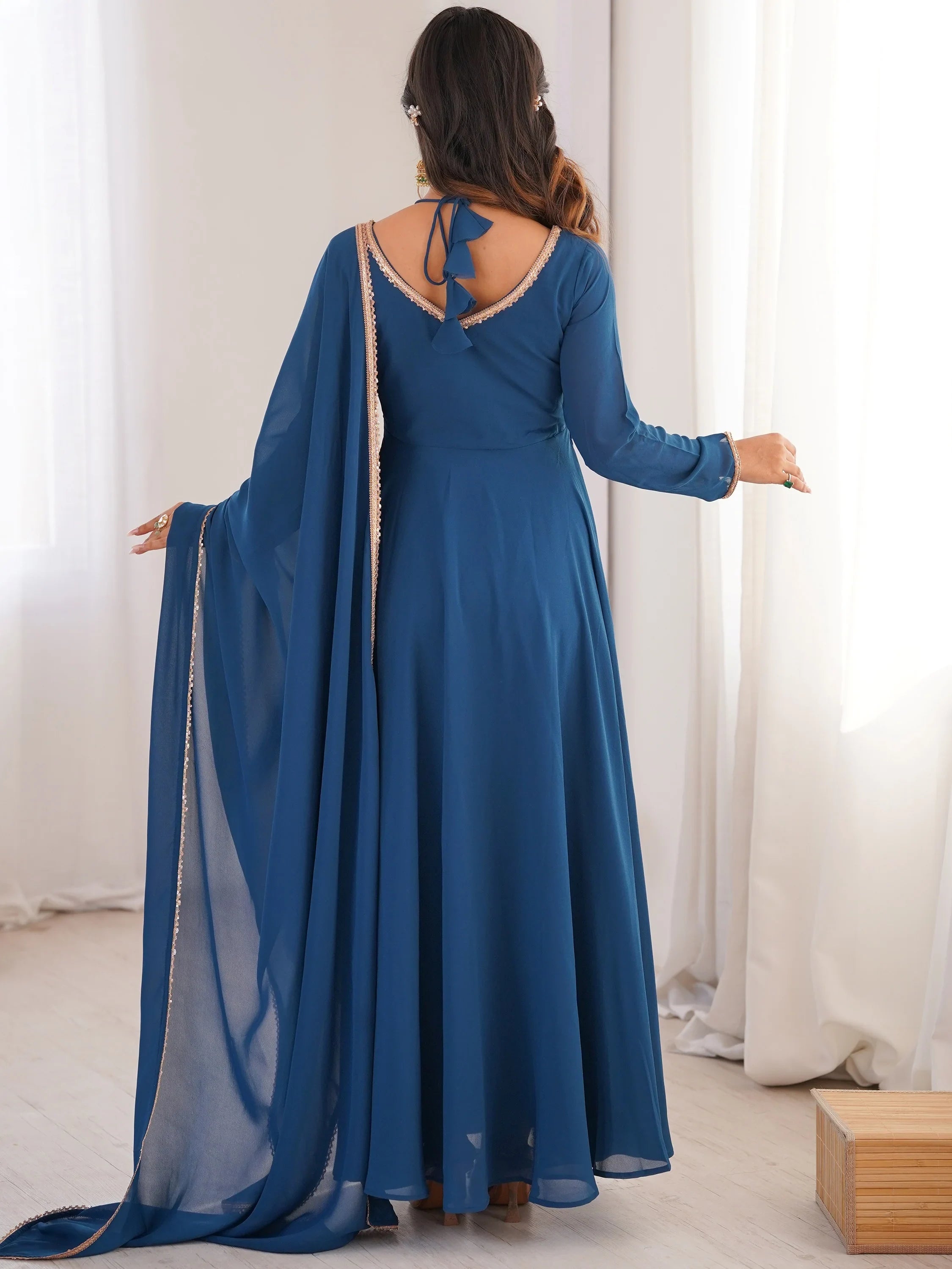 Glamorous Blue Georgette Function Wear Gown With Dupatta