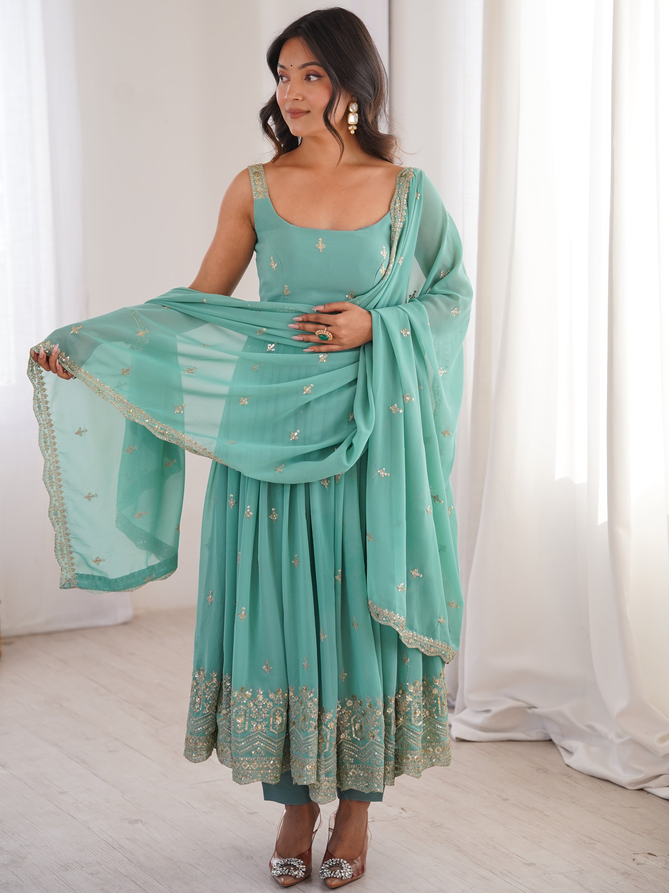 Glorious Sea Green Sequins Georgette Mehendi Wear Anarkali Suit