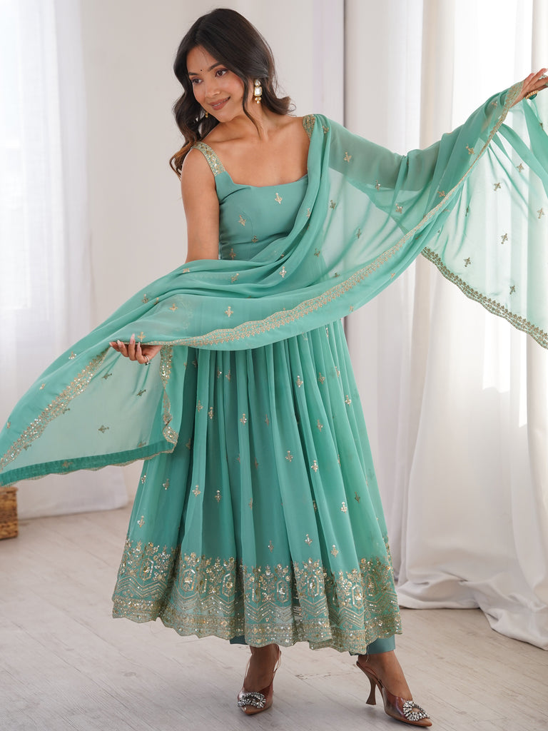 Glorious Sea Green Sequins Georgette Mehendi Wear Anarkali Suit
