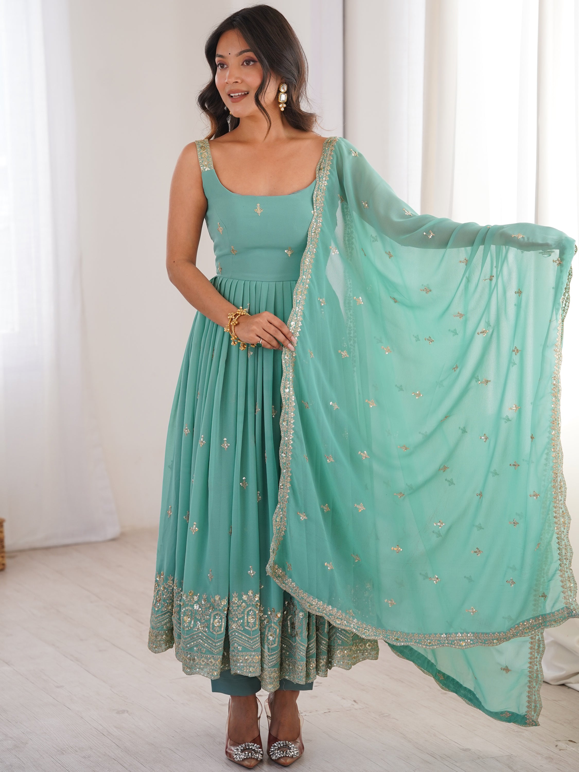 Glorious Sea Green Sequins Georgette Mehendi Wear Anarkali Suit