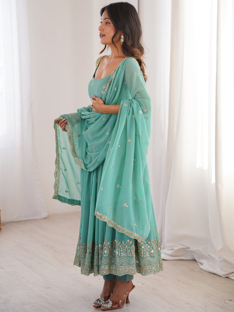 Glorious Sea Green Sequins Georgette Mehendi Wear Anarkali Suit