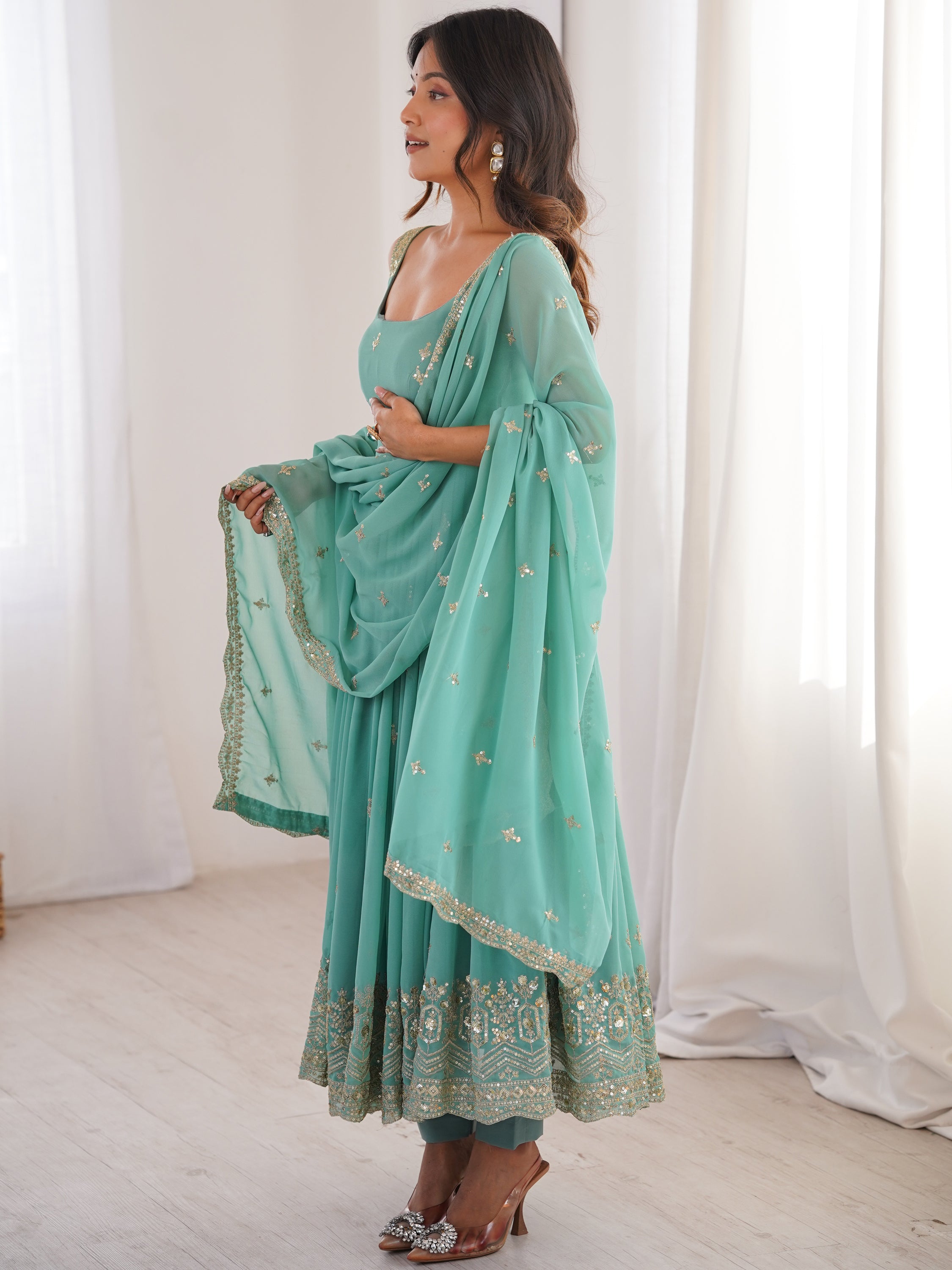 Glorious Sea Green Sequins Georgette Mehendi Wear Anarkali Suit