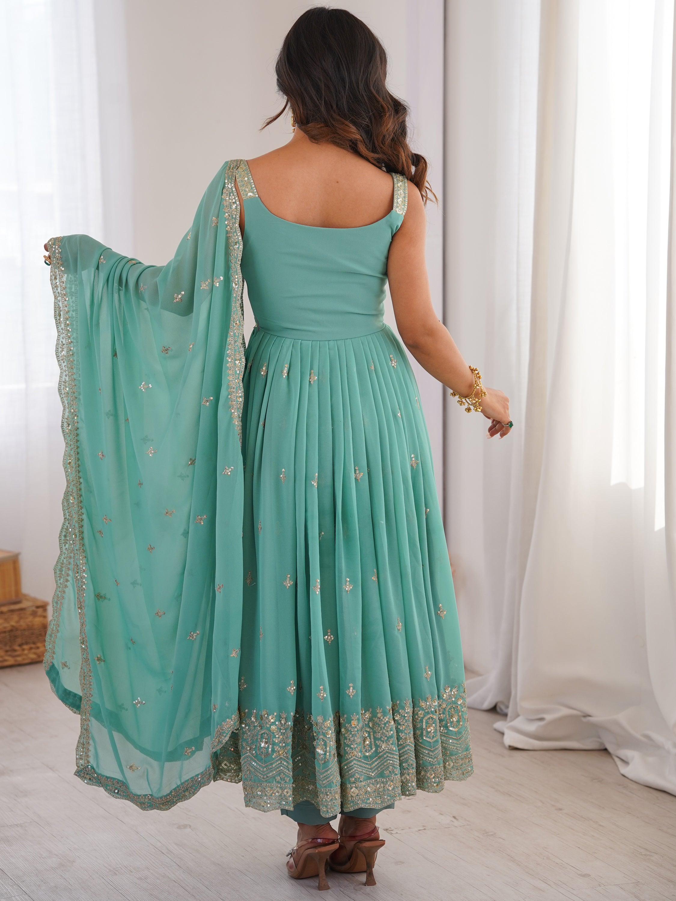 Glorious Sea Green Sequins Georgette Mehendi Wear Anarkali Suit