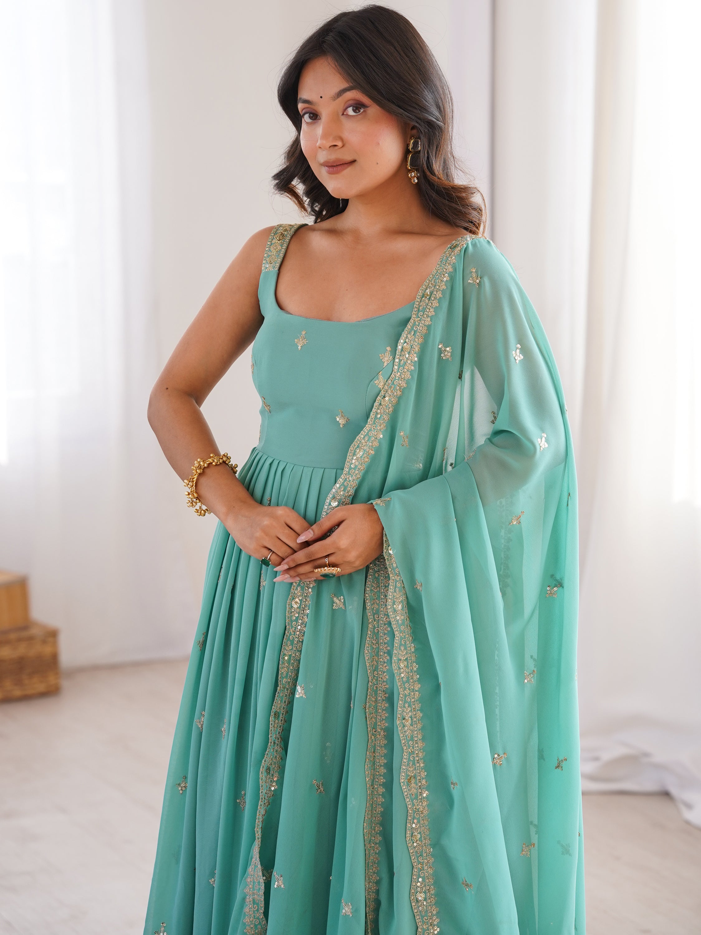 Glorious Sea Green Sequins Georgette Mehendi Wear Anarkali Suit