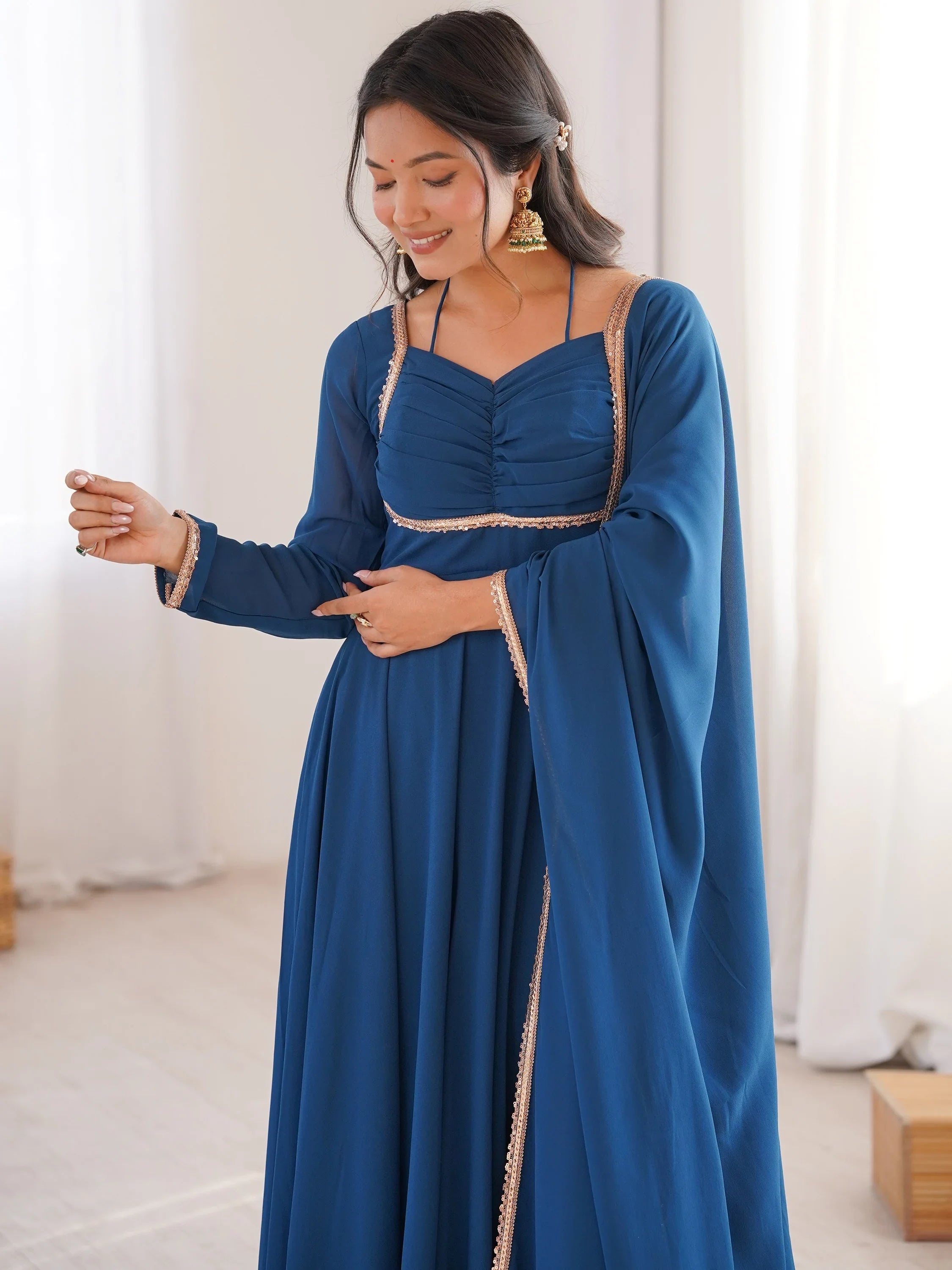 Glamorous Blue Georgette Function Wear Gown With Dupatta