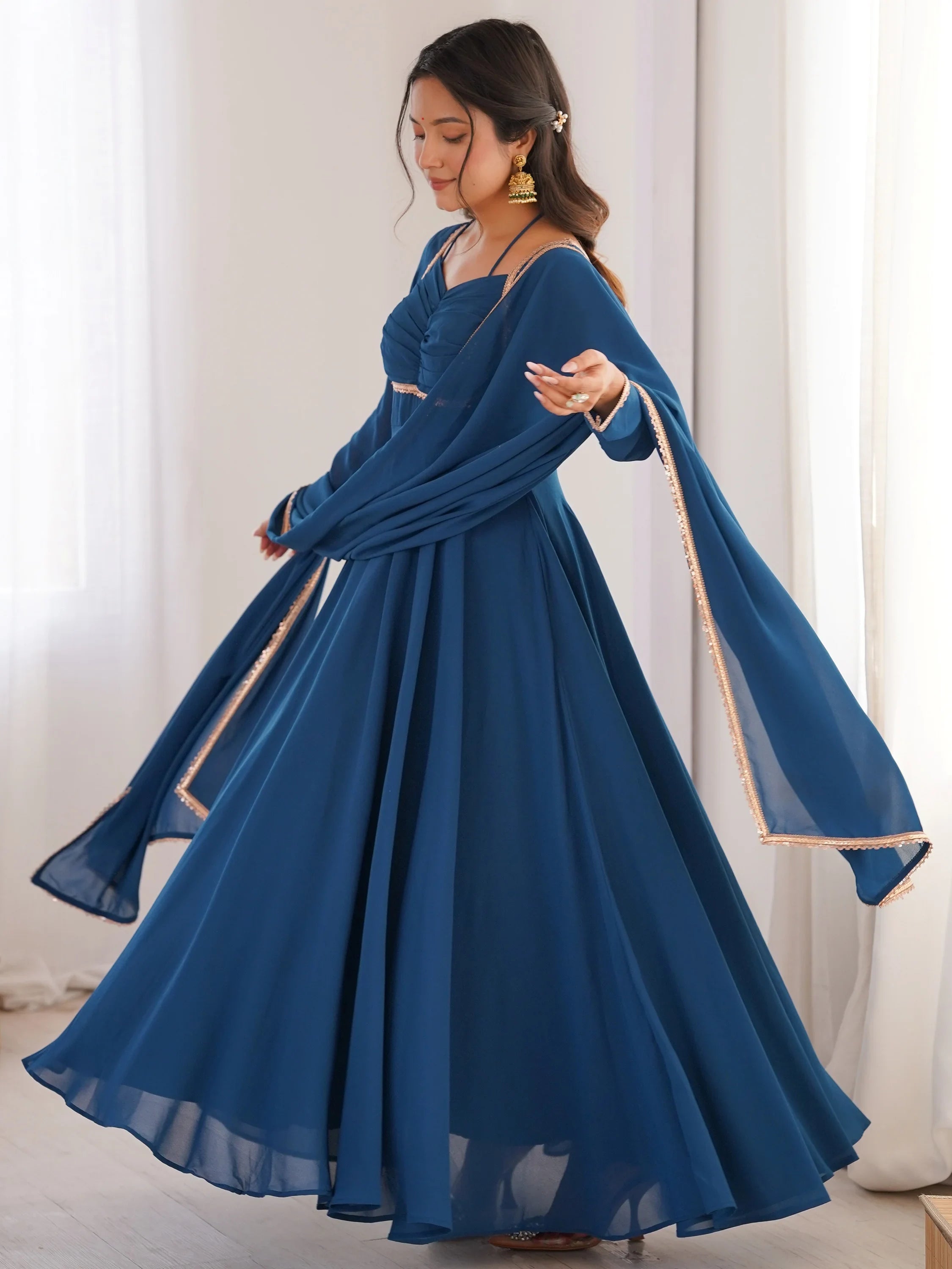 Glamorous Blue Georgette Function Wear Gown With Dupatta