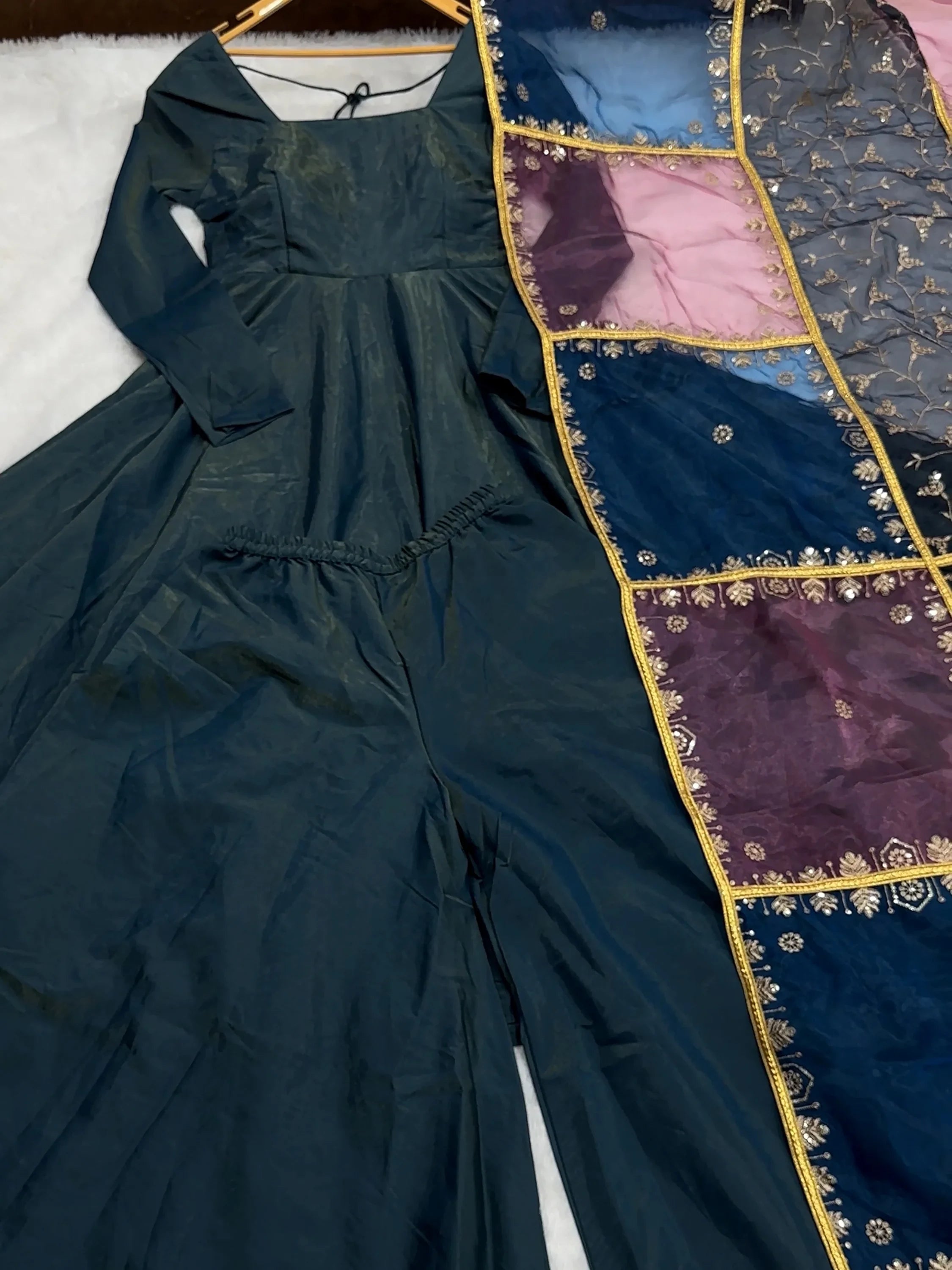 Superb Teal Blue Silk Festive Wear Palazzo Suit With Sequins Dupatta