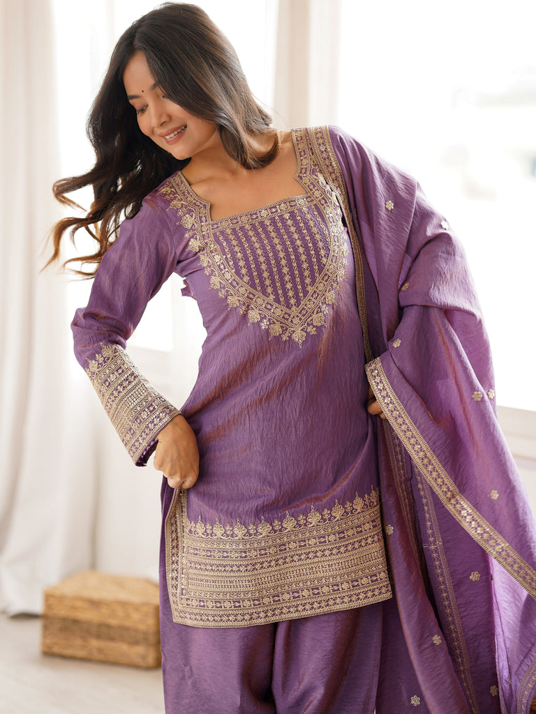 Attractive Lavender Sequins Silk  Traditional Salwar Suit