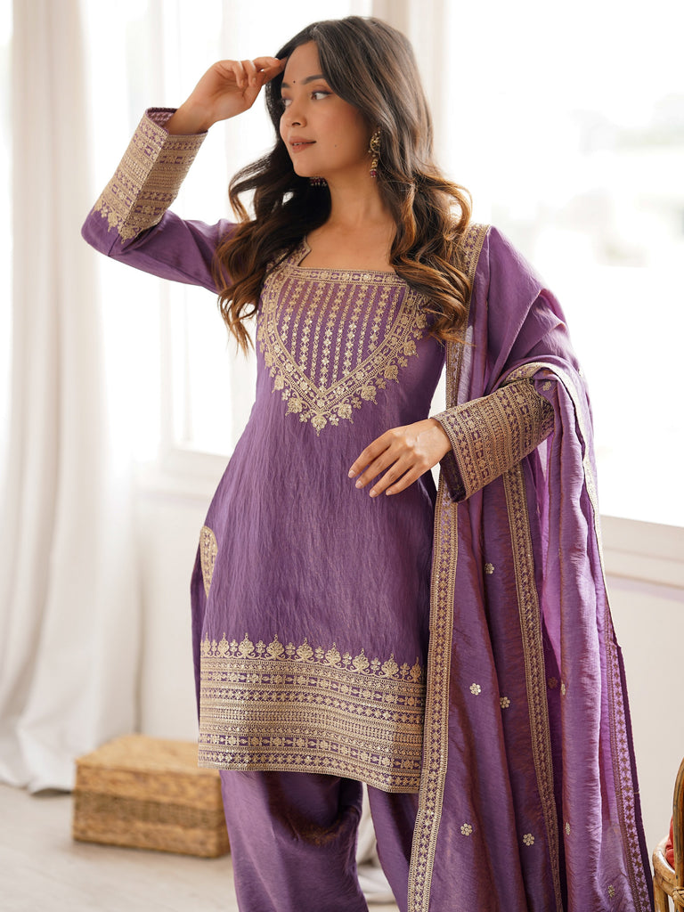 Attractive Lavender Sequins Silk  Traditional Salwar Suit