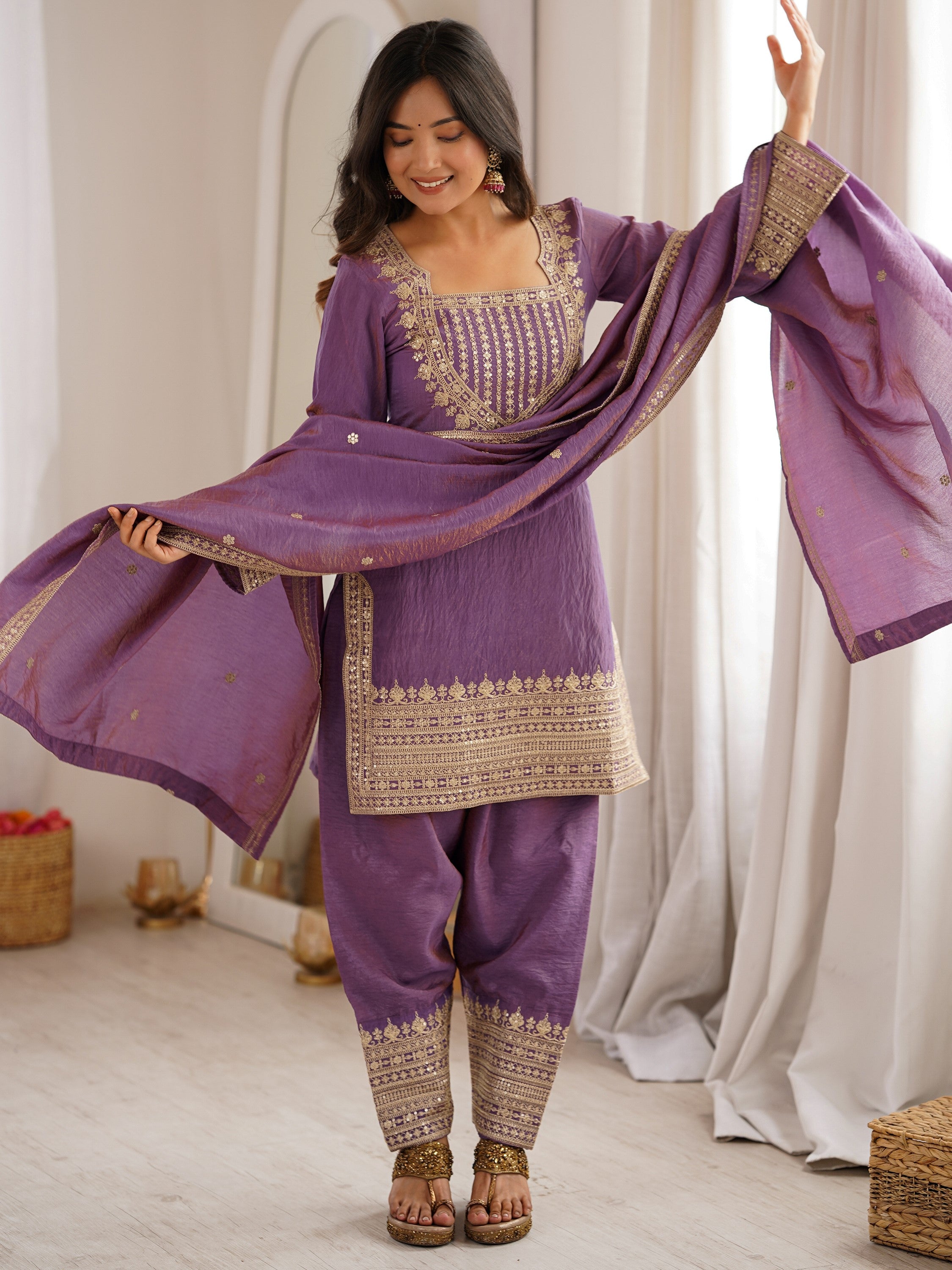 Attractive Lavender Sequins Silk  Traditional Salwar Suit