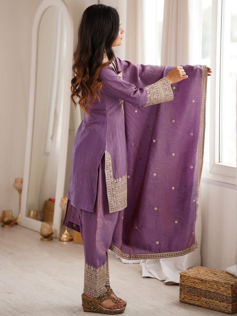 Attractive Lavender Sequins Silk  Traditional Salwar Suit