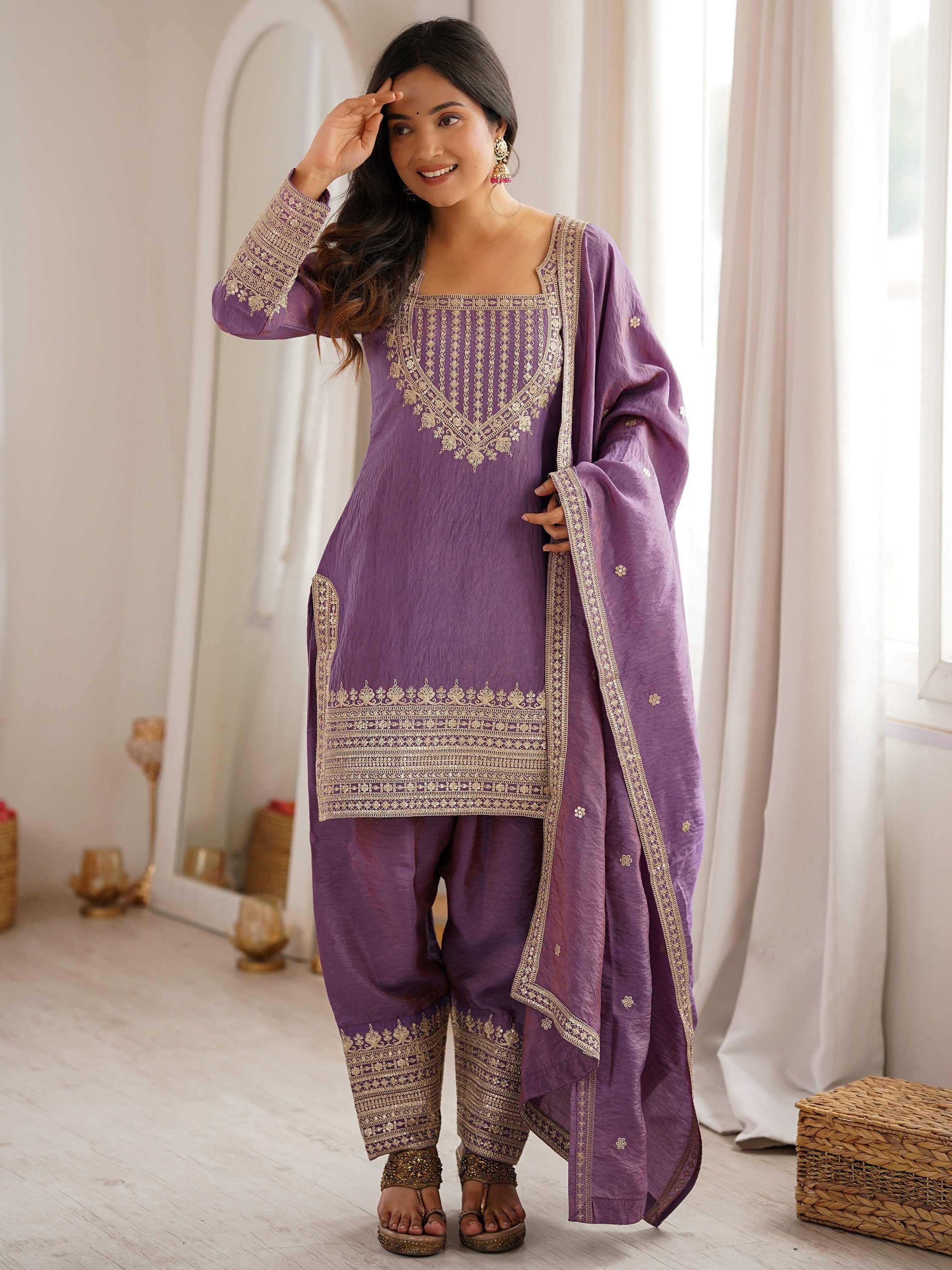 Attractive Lavender Sequins Silk  Traditional Salwar Suit