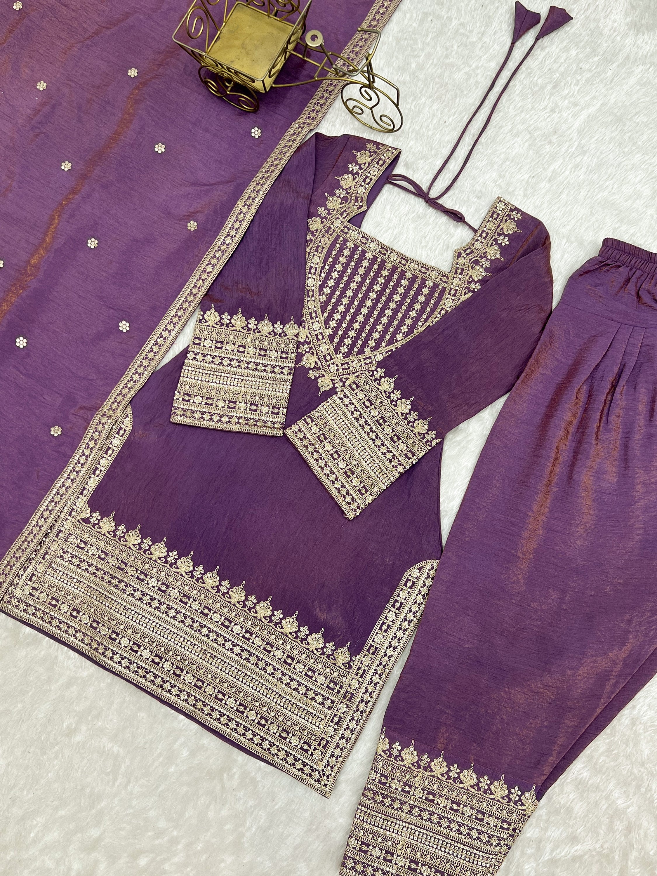 Attractive Lavender Sequins Silk  Traditional Salwar Suit