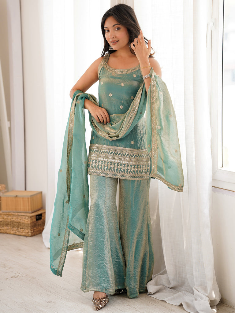 Adorable Sea Green Zari Embroidered Silk Festival Wear Palazzo Suit