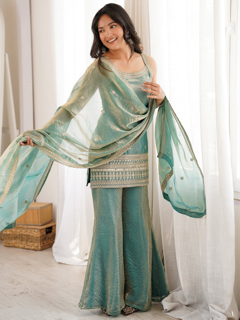 Adorable Sea Green Zari Embroidered Silk Festival Wear Palazzo Suit