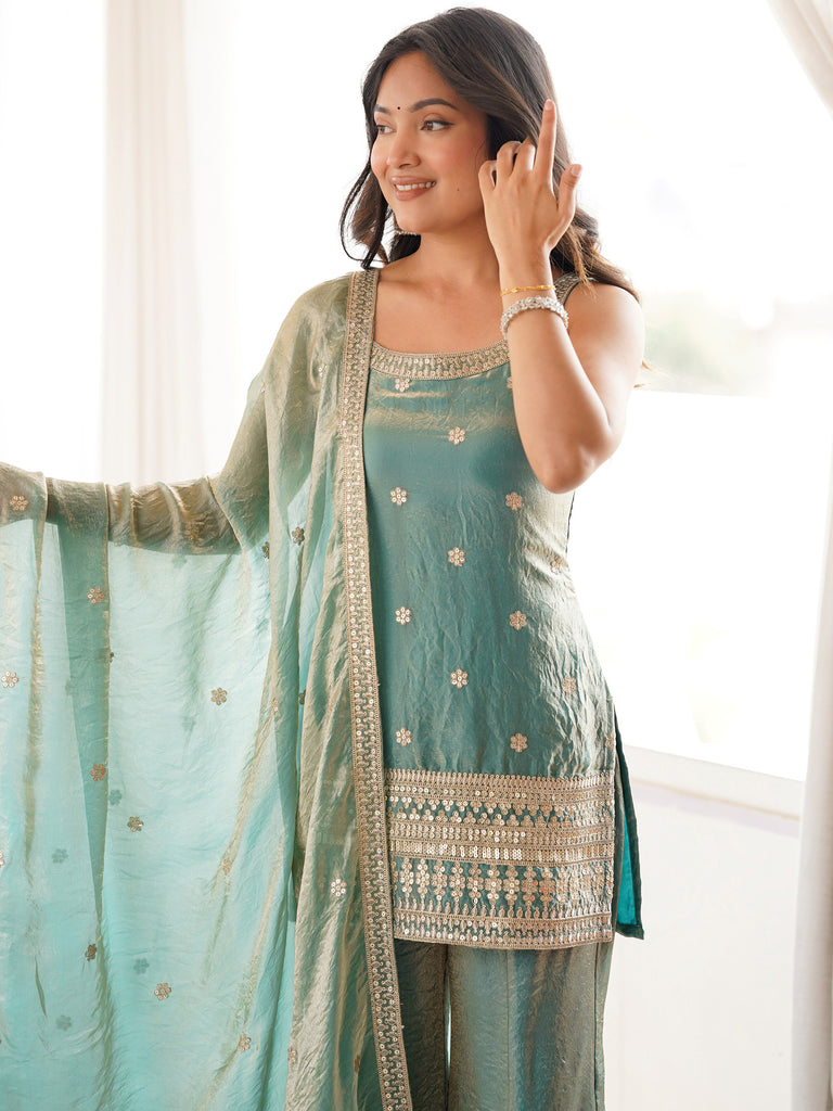 Adorable Sea Green Zari Embroidered Silk Festival Wear Palazzo Suit