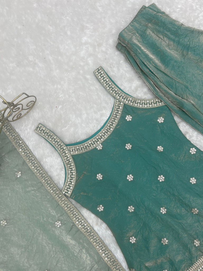 Adorable Sea Green Zari Embroidered Silk Festival Wear Palazzo Suit