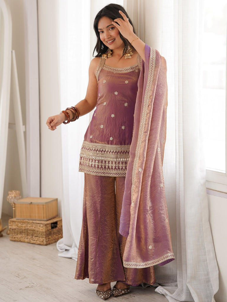 Captivating Purple Zari Embroidered Silk Function Wear Palazzo Suit