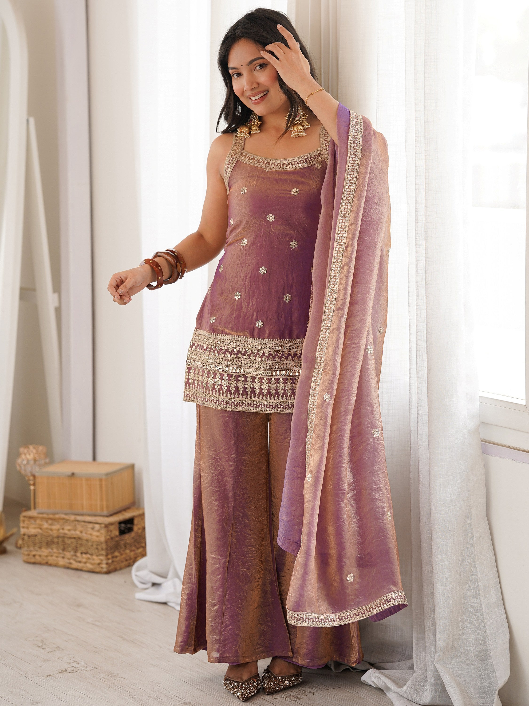 Captivating Purple Zari Embroidered Silk Function Wear Palazzo Suit