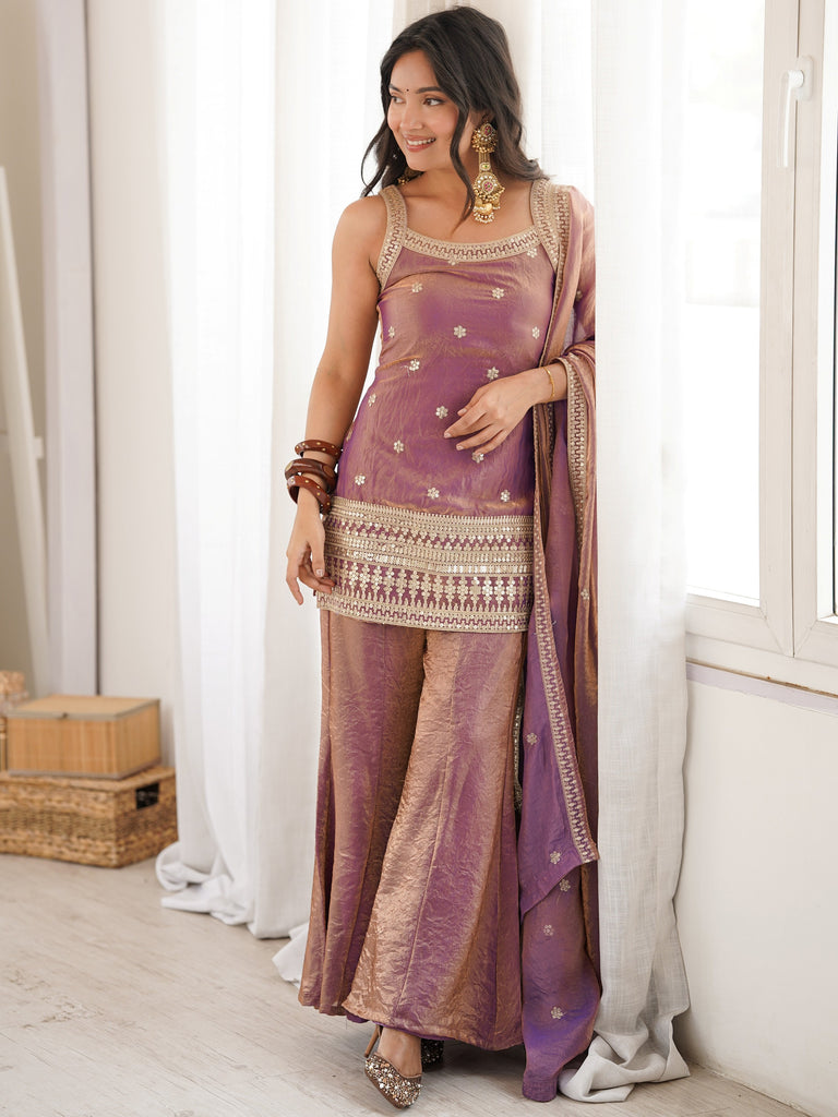 Captivating Purple Zari Embroidered Silk Function Wear Palazzo Suit