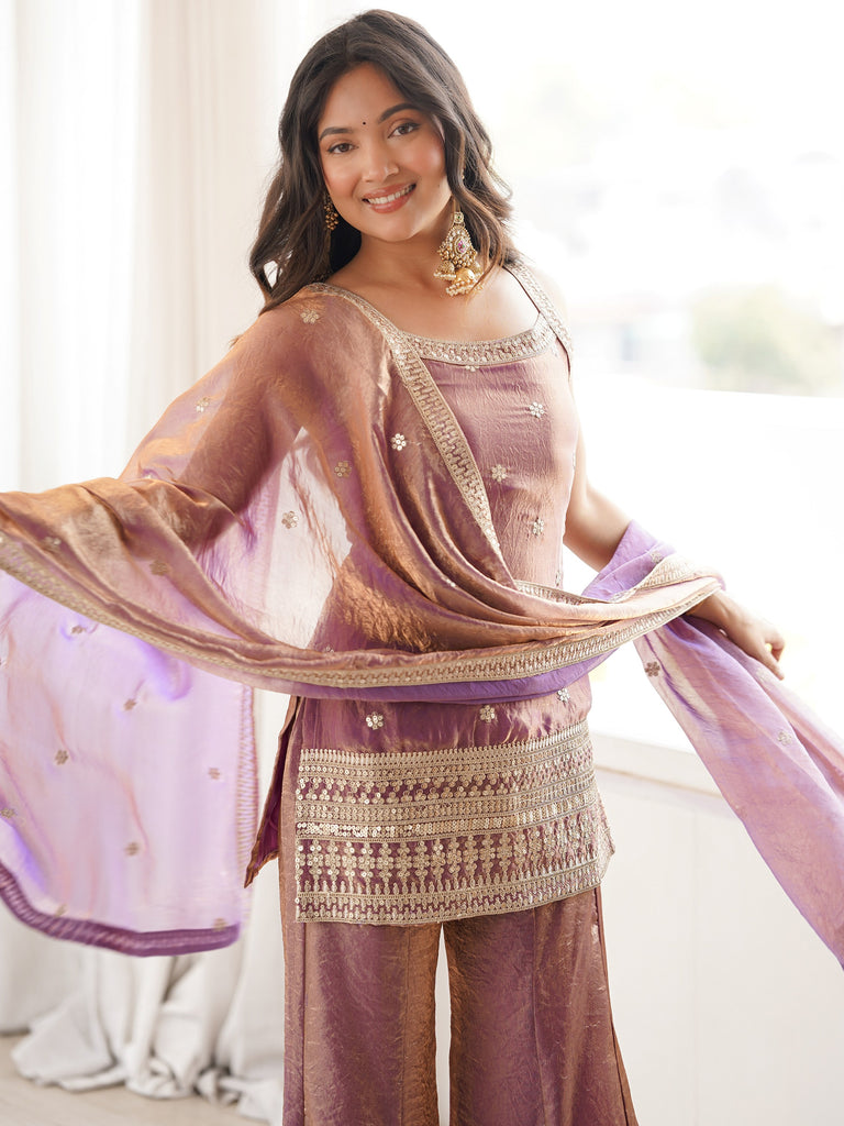 Captivating Purple Zari Embroidered Silk Function Wear Palazzo Suit