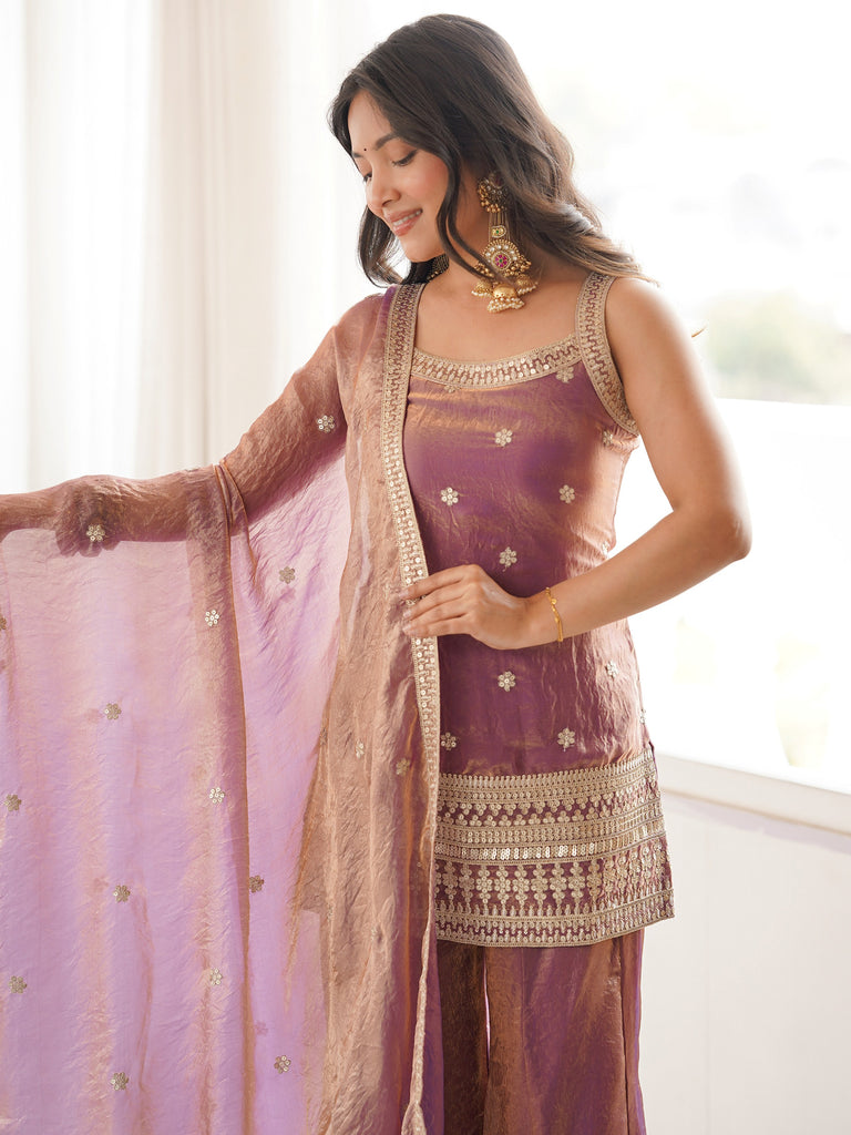 Captivating Purple Zari Embroidered Silk Function Wear Palazzo Suit