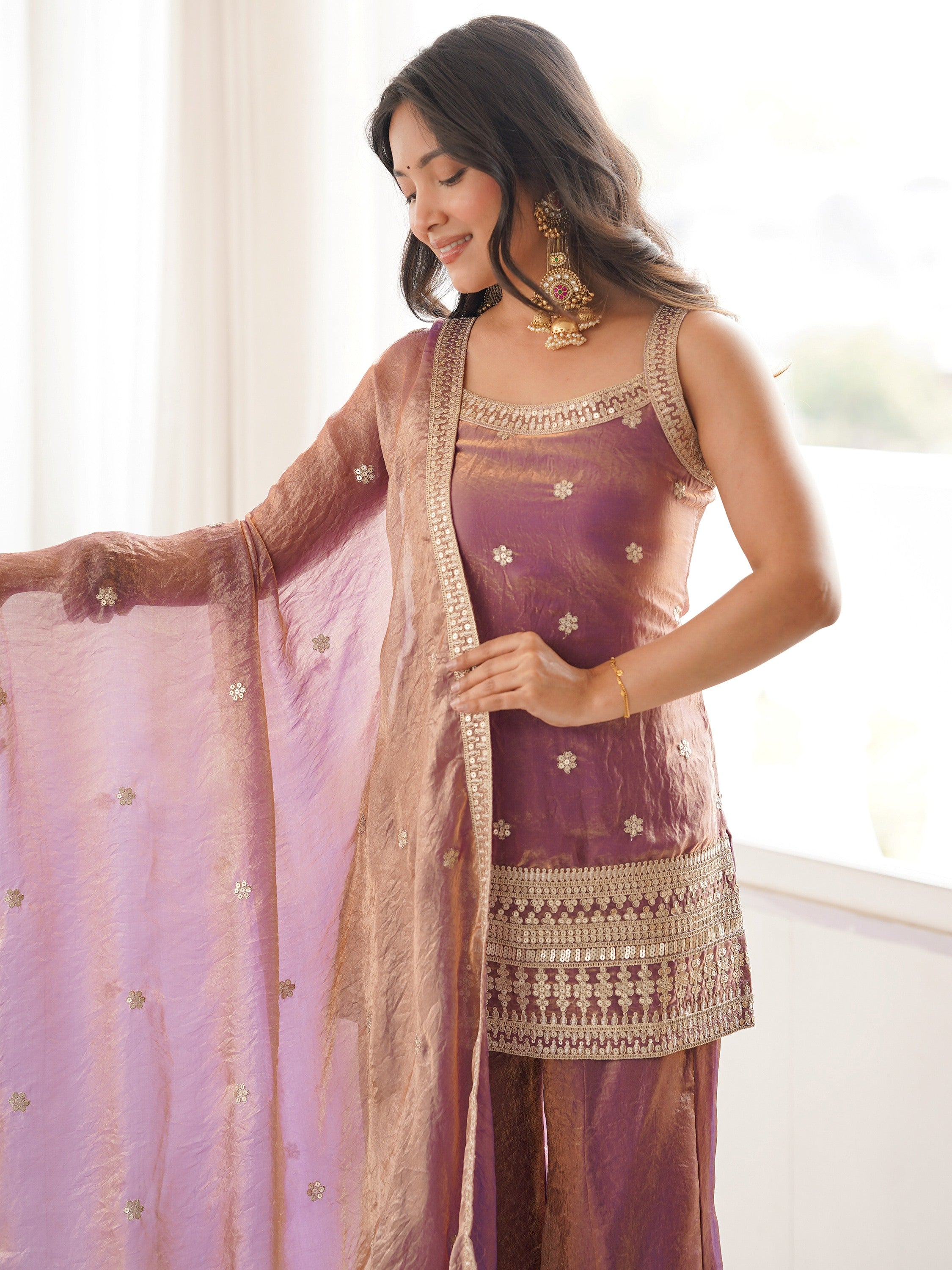 Captivating Purple Zari Embroidered Silk Function Wear Palazzo Suit