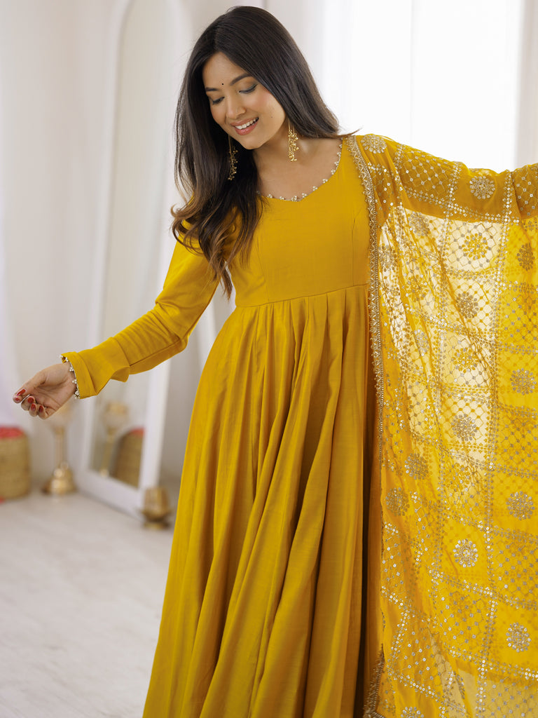 Classic Yellow Silk Haldi Wear Anarkali Suit With Embroidered Dupatta