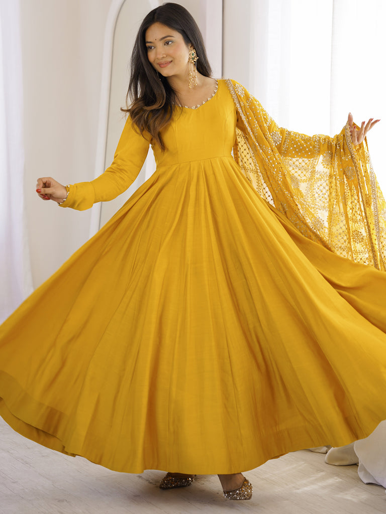 Classic Yellow Silk Haldi Wear Anarkali Suit With Embroidered Dupatta