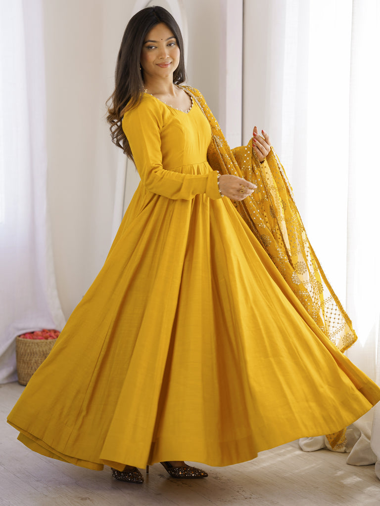 Classic Yellow Silk Haldi Wear Anarkali Suit With Embroidered Dupatta