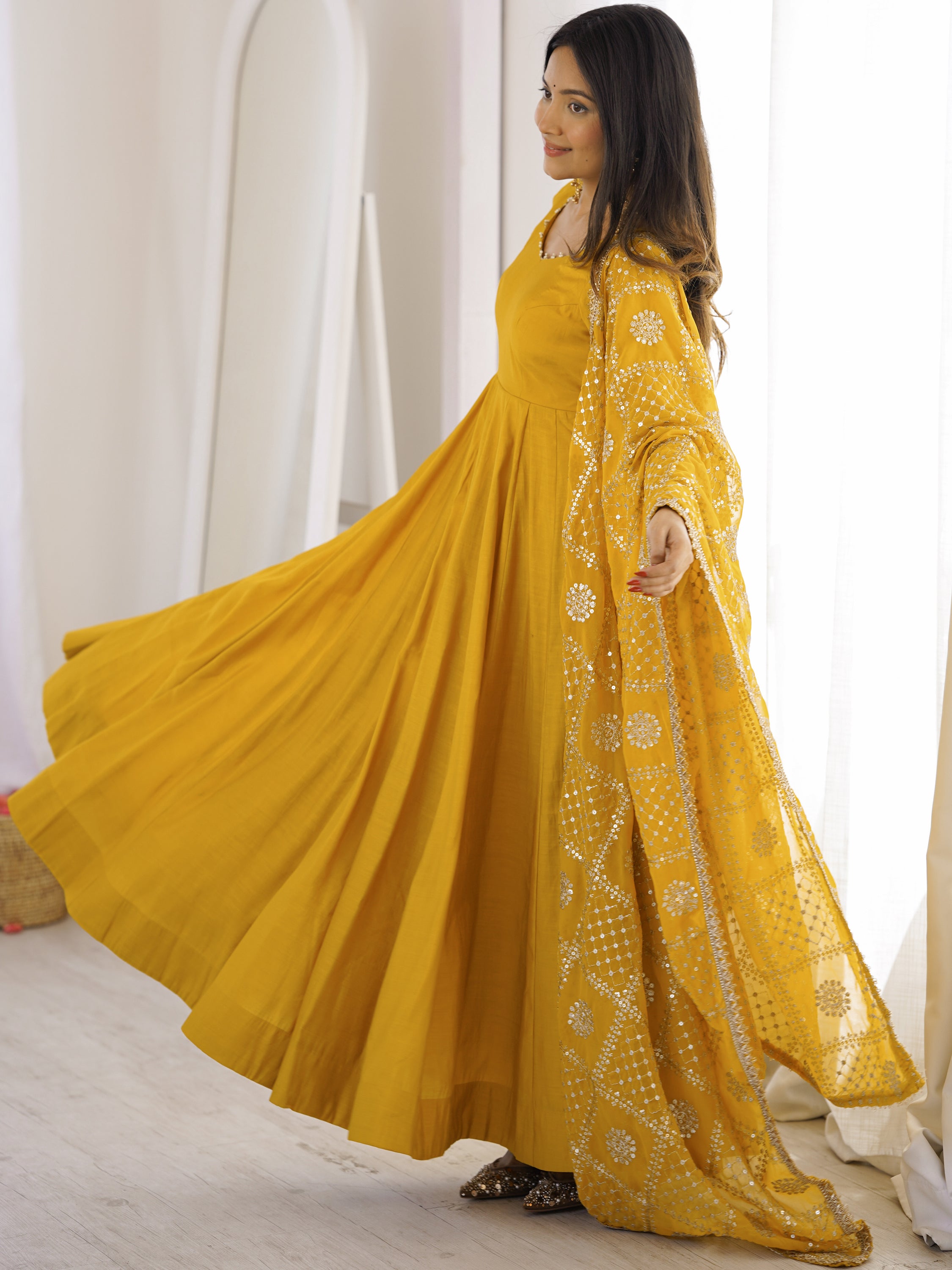 Classic Yellow Silk Haldi Wear Anarkali Suit With Embroidered Dupatta