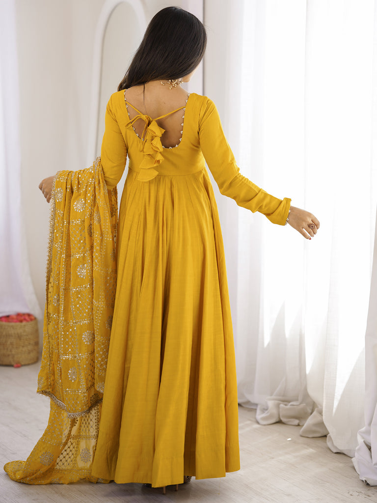 Classic Yellow Silk Haldi Wear Anarkali Suit With Embroidered Dupatta