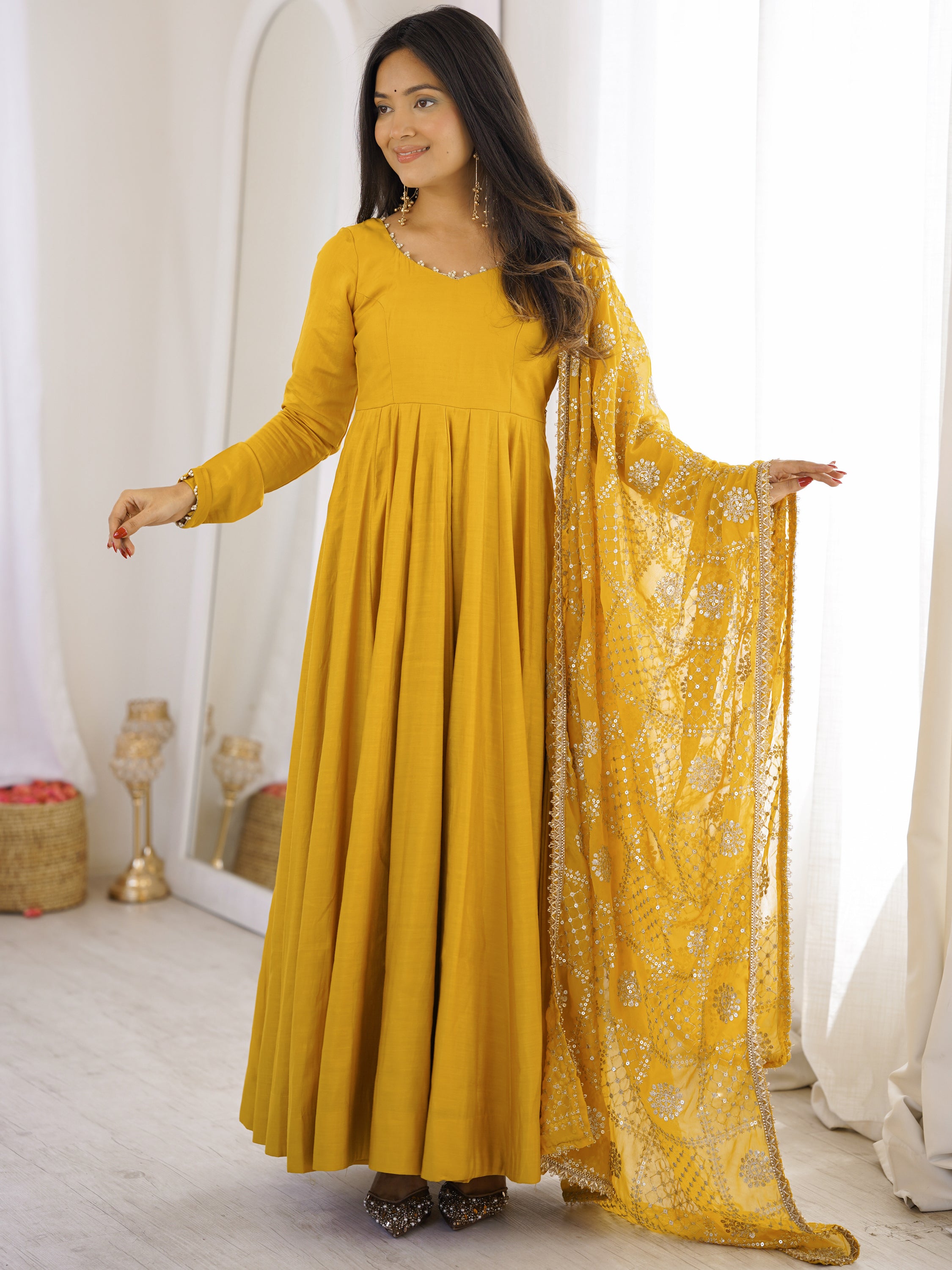 Classic Yellow Silk Haldi Wear Anarkali Suit With Embroidered Dupatta