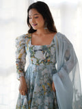 Sweet Blue Organza Floral Printed Anarkali Suit With Dupatta