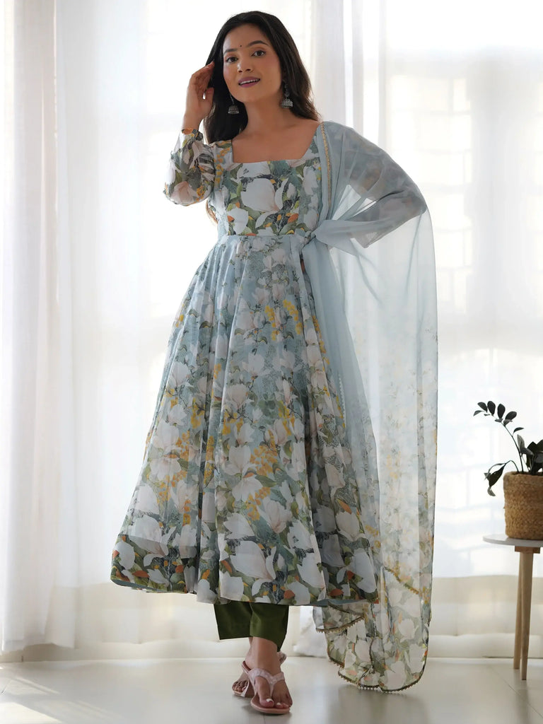 Sweet Blue Organza Floral Printed Anarkali Suit With Dupatta
