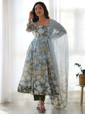 Sweet Blue Organza Floral Printed Anarkali Suit With Dupatta