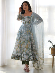 Sweet Blue Organza Floral Printed Anarkali Suit With Dupatta