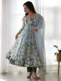 Sweet Blue Organza Floral Printed Anarkali Suit With Dupatta