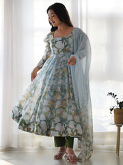 Sweet Blue Organza Floral Printed Anarkali Suit With Dupatta