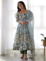 Sweet Blue Organza Floral Printed Anarkali Suit With Dupatta