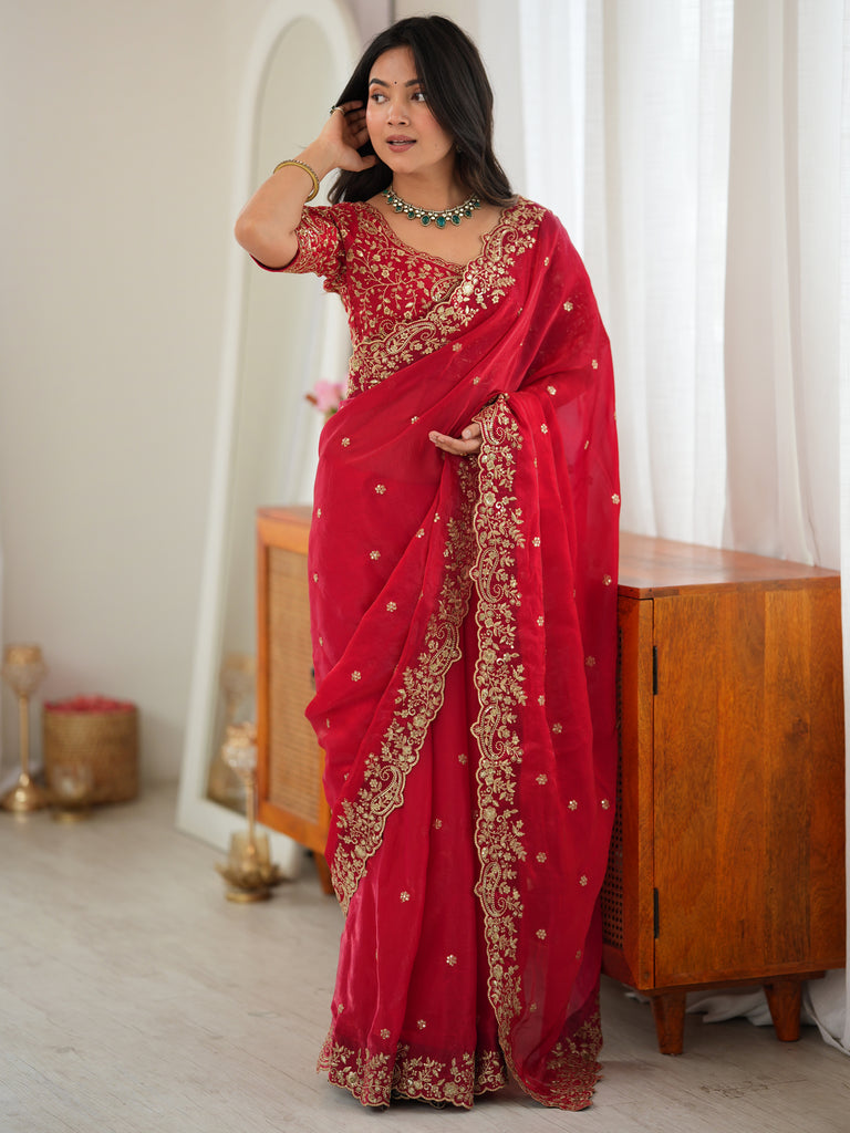 Gorgeous Red Embroidered Silk Marriage Wear Saree With Blouse