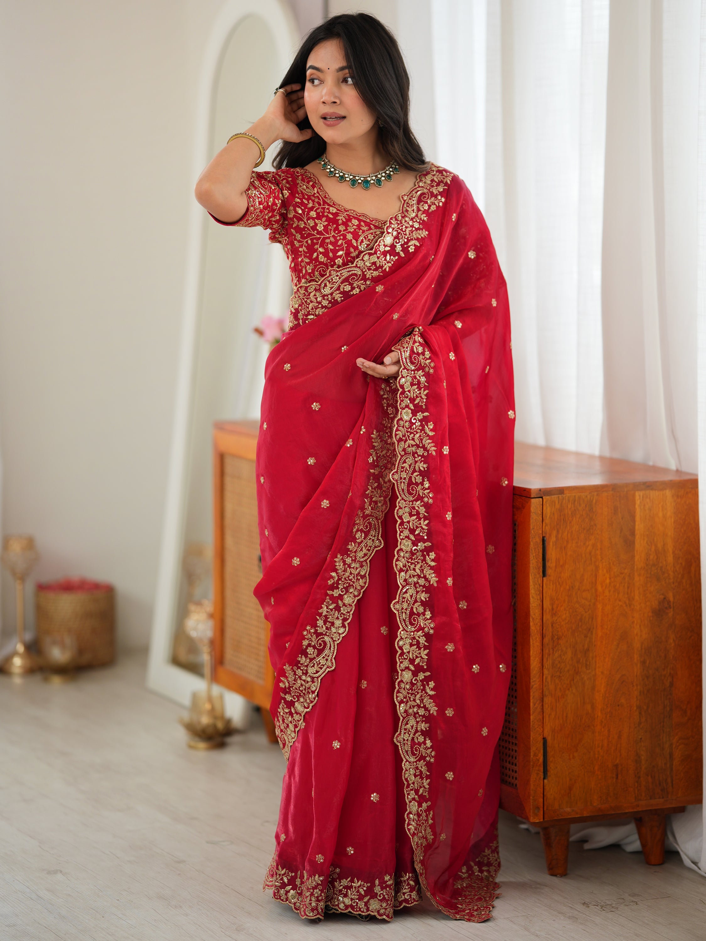 Gorgeous Red Embroidered Silk Marriage Wear Saree With Blouse