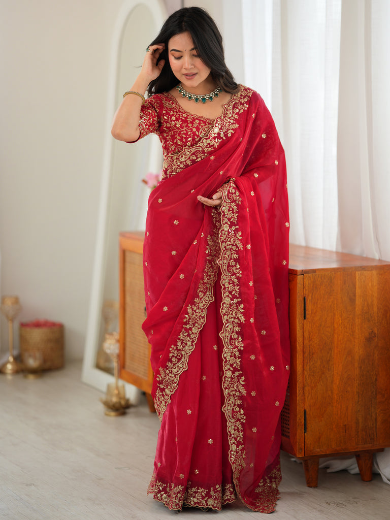 Gorgeous Red Embroidered Silk Marriage Wear Saree With Blouse