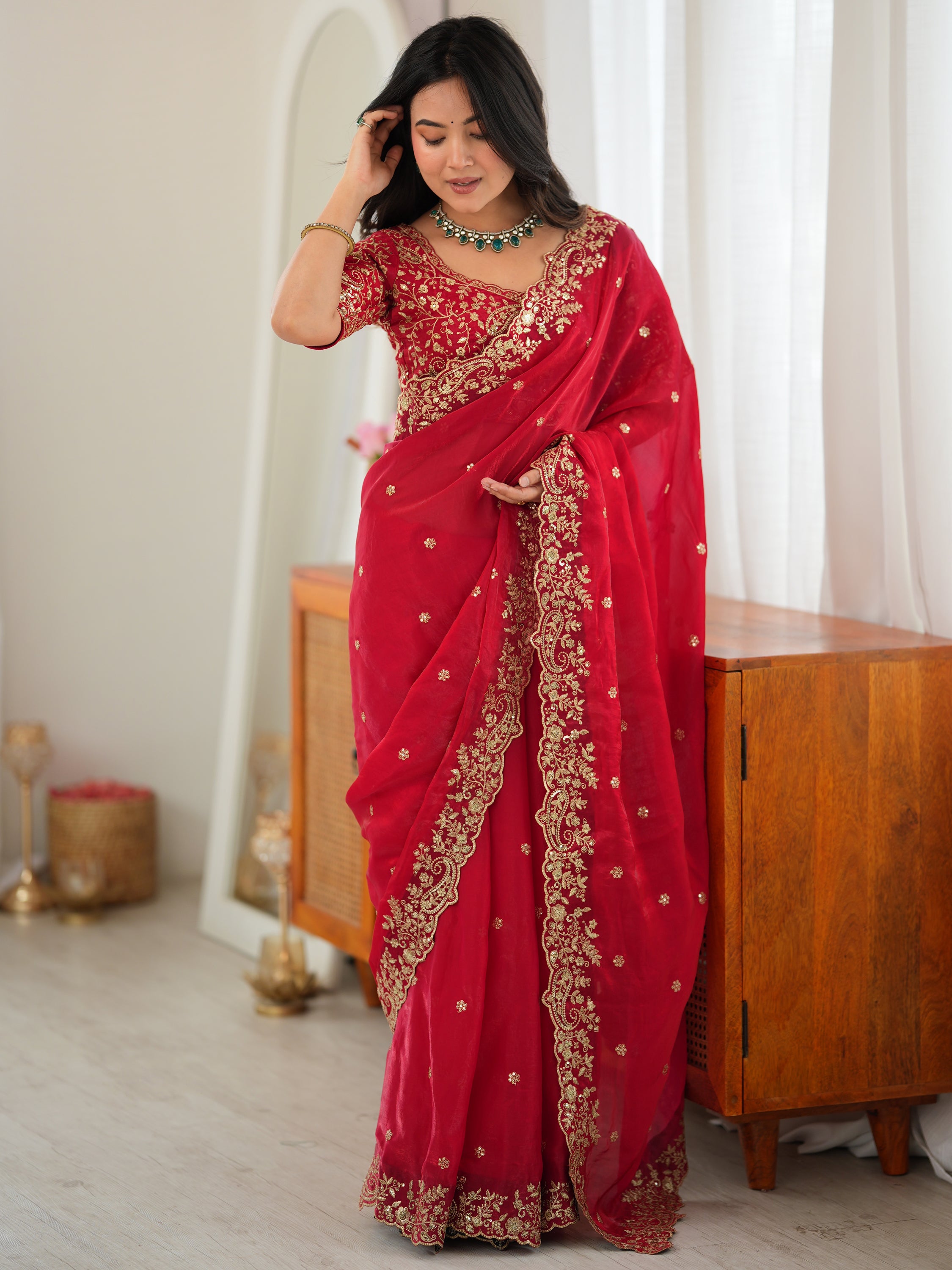 Gorgeous Red Embroidered Silk Marriage Wear Saree With Blouse