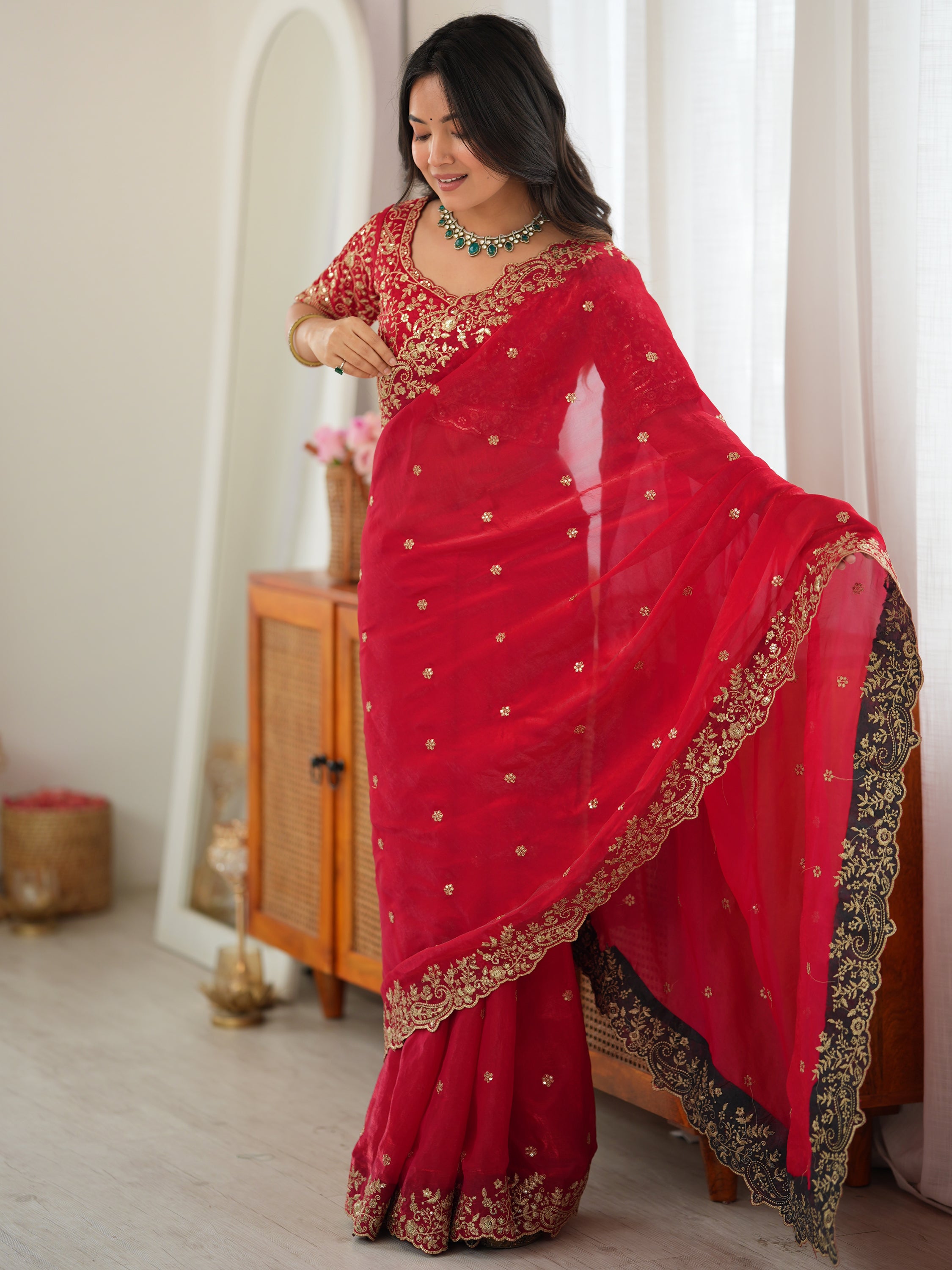 Gorgeous Red Embroidered Silk Marriage Wear Saree With Blouse