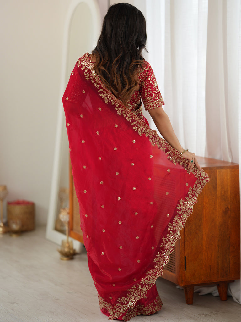 Gorgeous Red Embroidered Silk Marriage Wear Saree With Blouse
