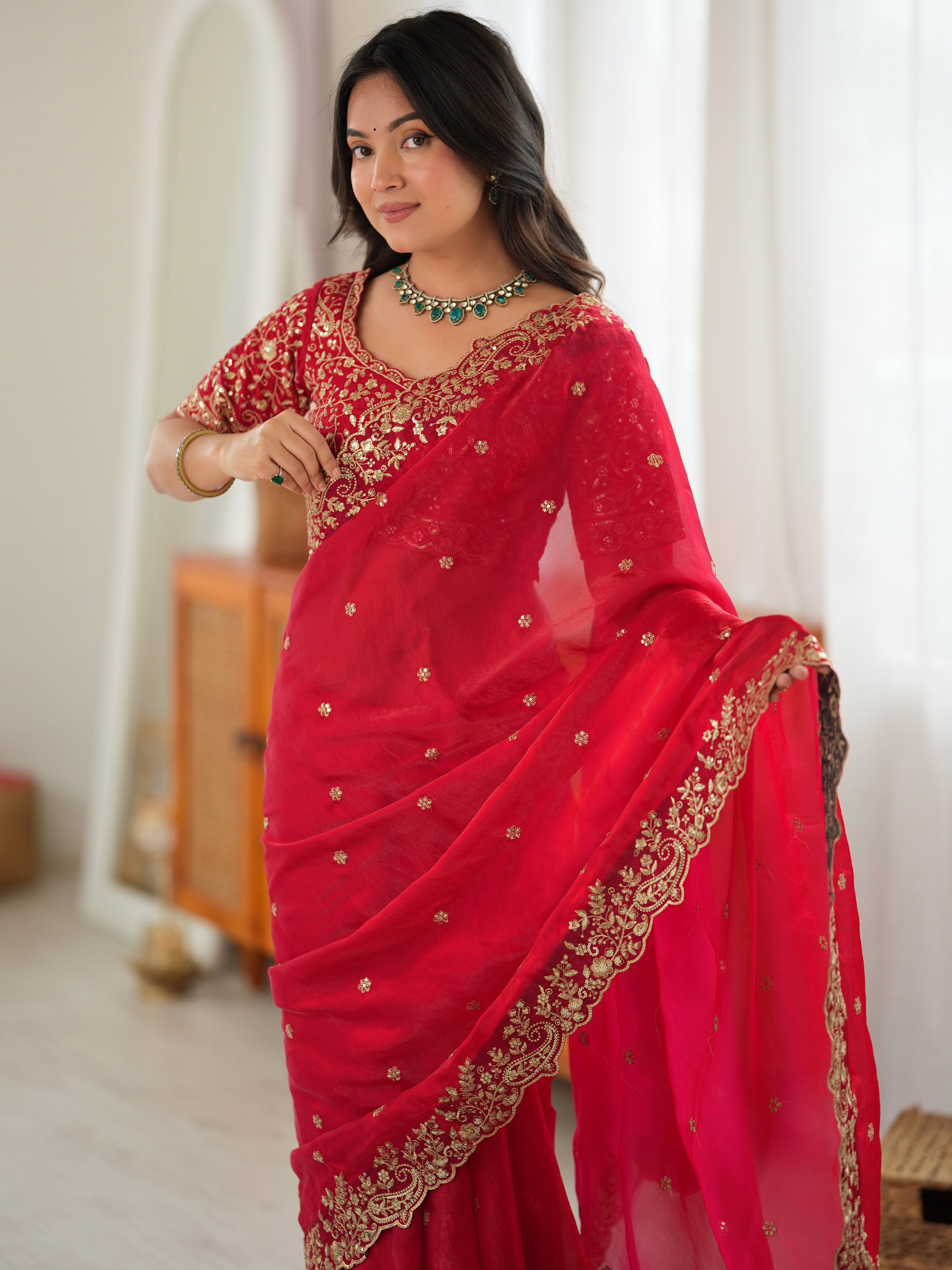 Gorgeous Red Embroidered Silk Marriage Wear Saree With Blouse