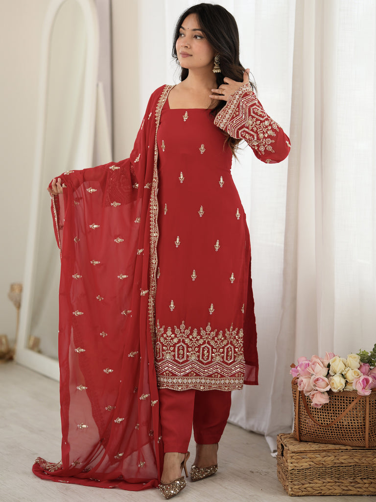 Classic Red Bead Embroidery Georgette Function Wear Salwar Suit