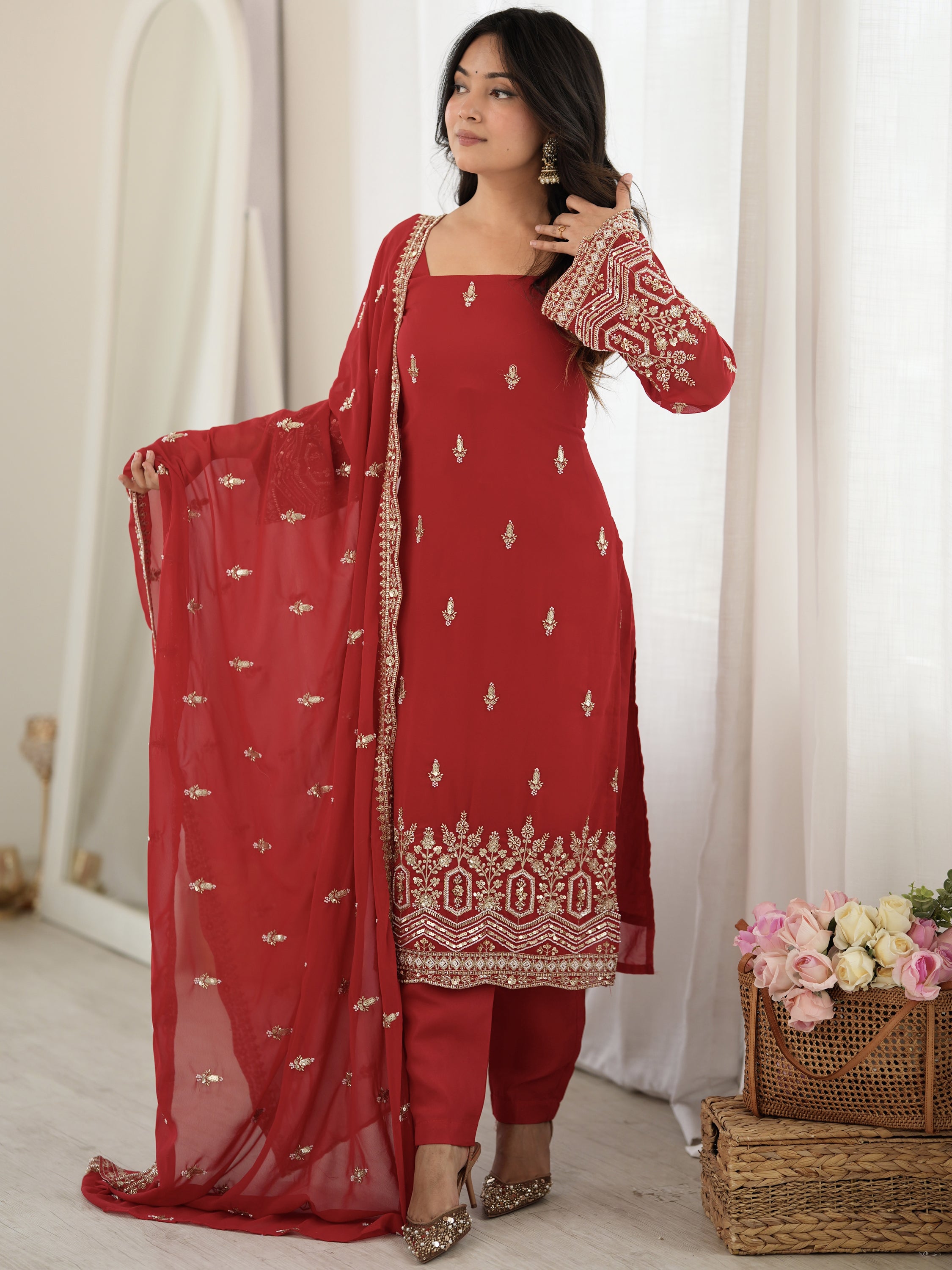 Classic Red Bead Embroidery Georgette Function Wear Salwar Suit